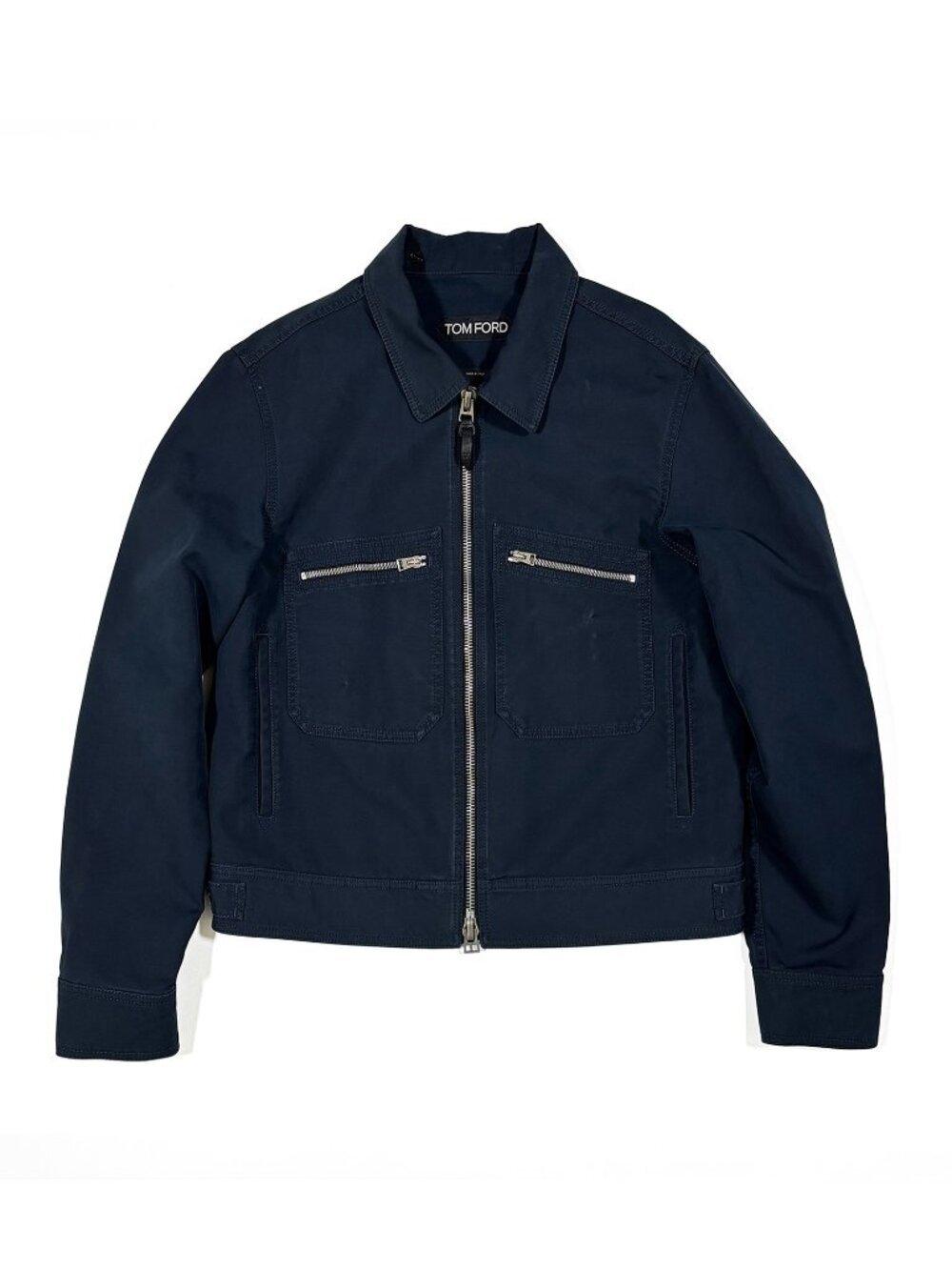 TOM FORD Brushed Cotton Dual Zip Jacket Leather Details Navy Size 54